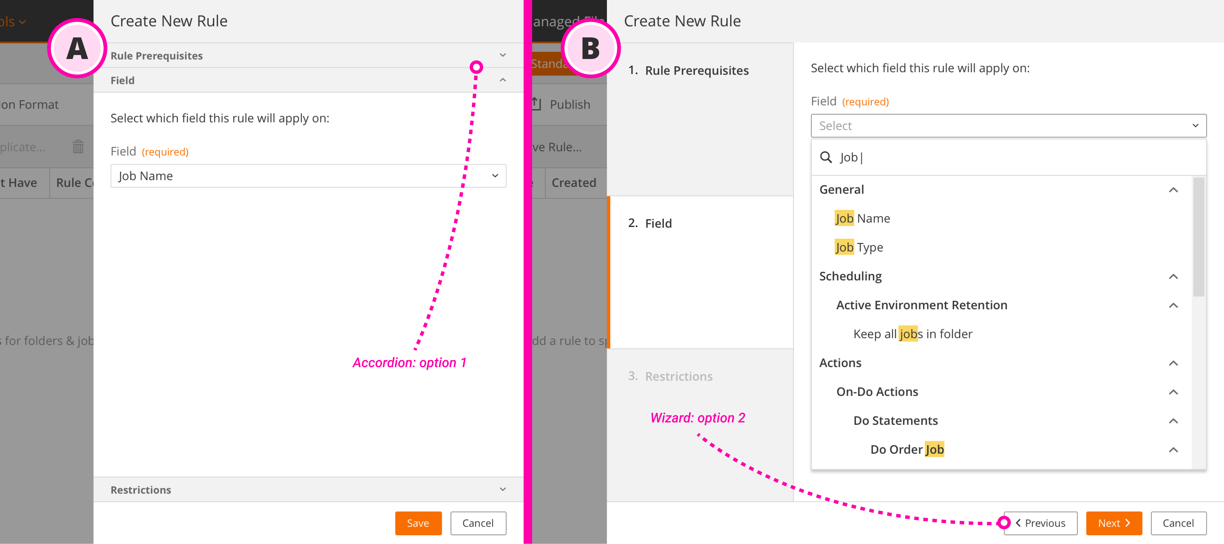 A/B testing comparison between Accordion (fluid) and Wizard (structured) interface options