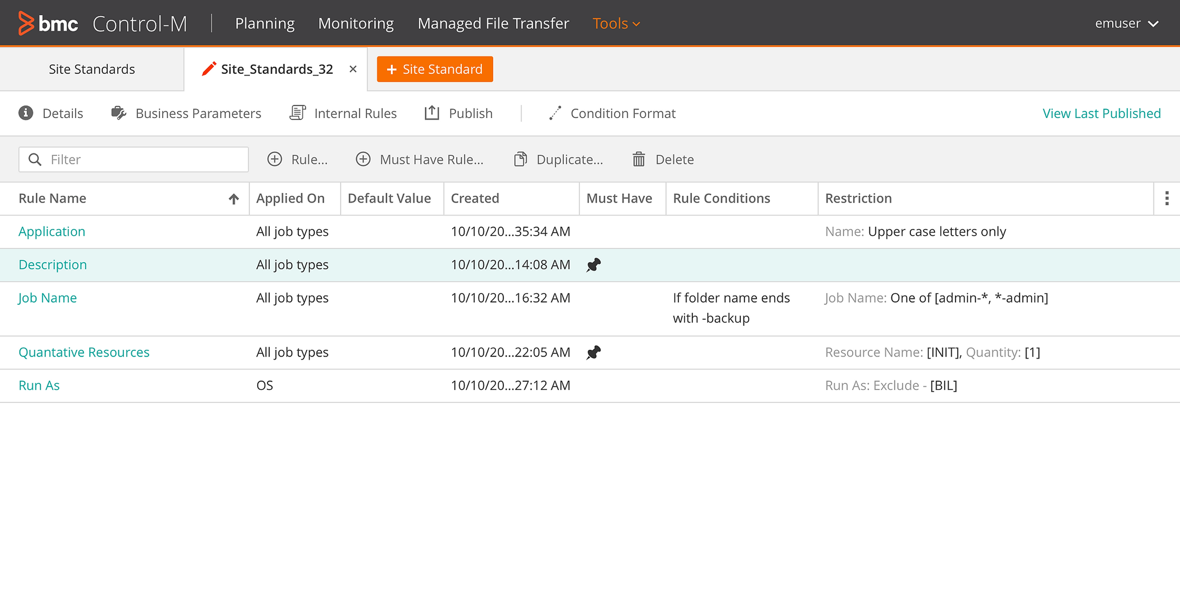 Rules list view showing various job properties and their restrictions