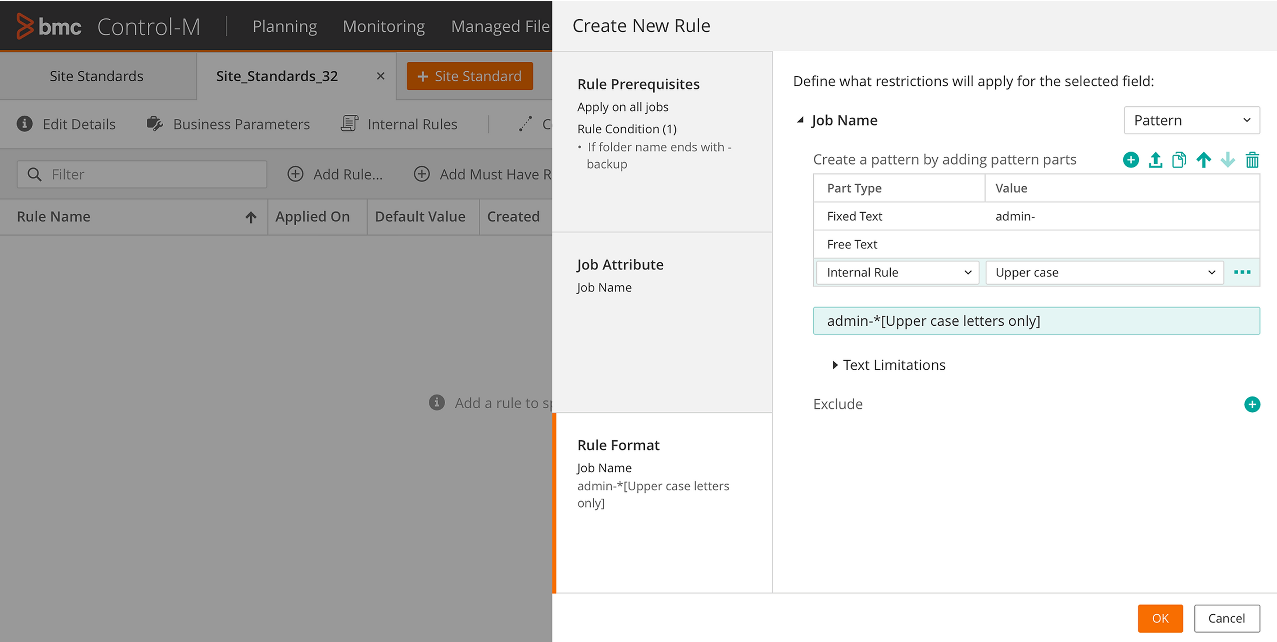 Rule creation interface showing the pattern builder and rule format preview