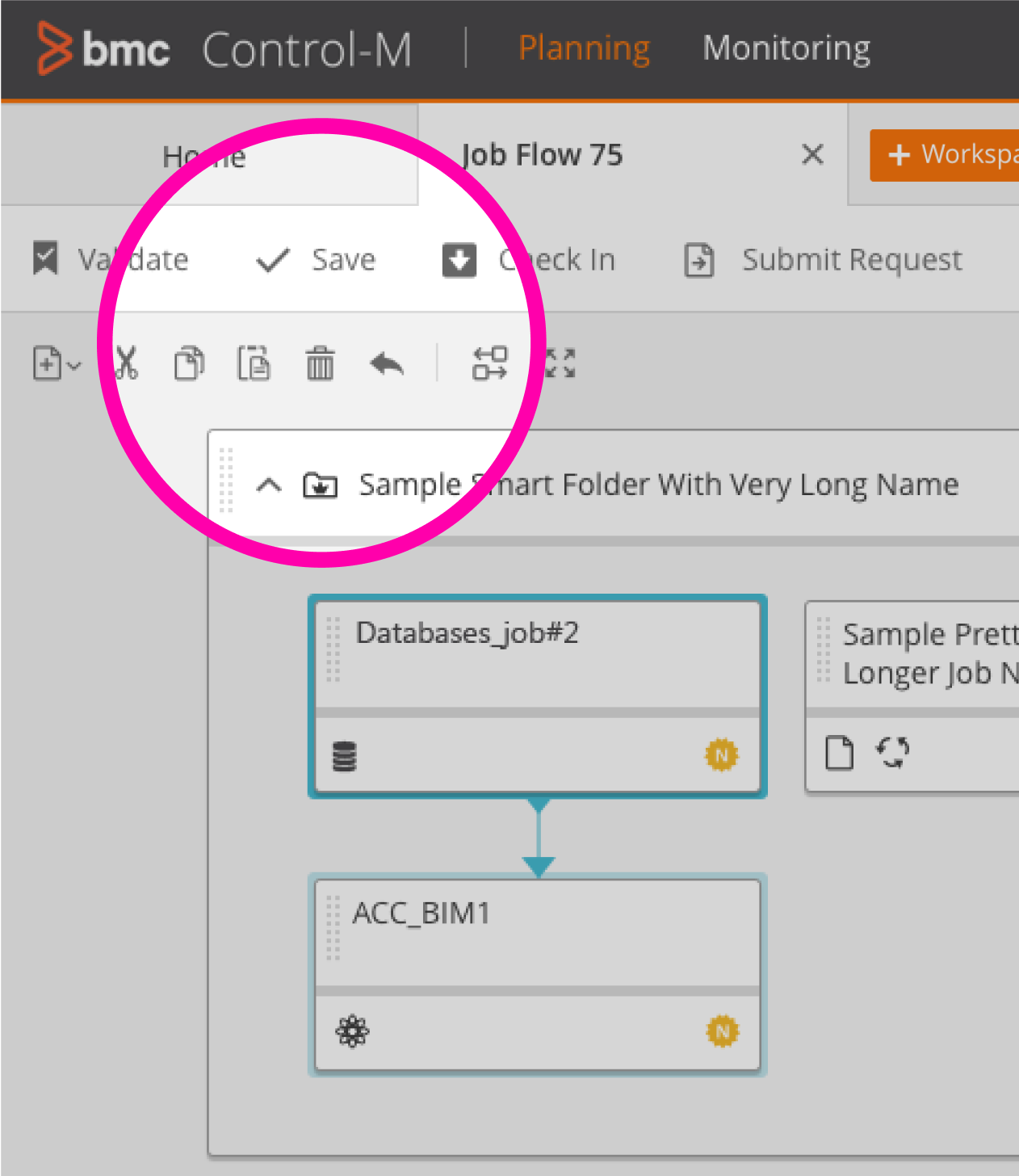 Separated actions:\ngeneral tasks (top bar), flow chart editing (toolbar)