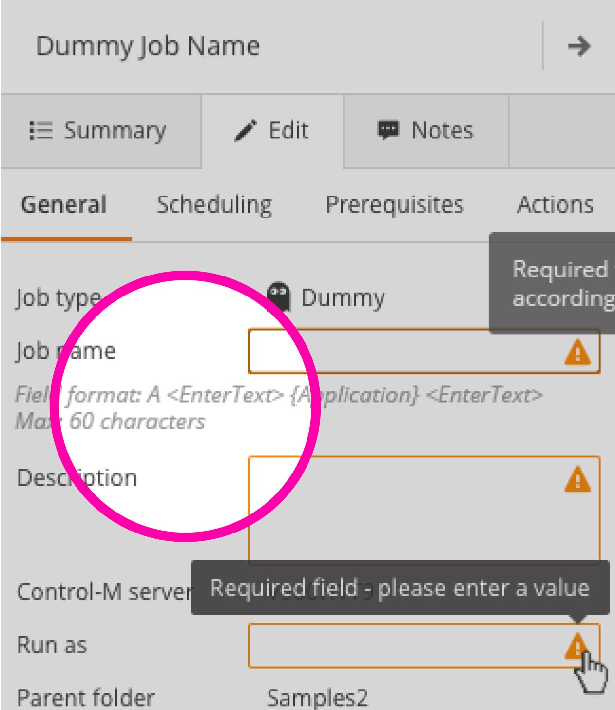 Always visible help tips for entry fields syntax