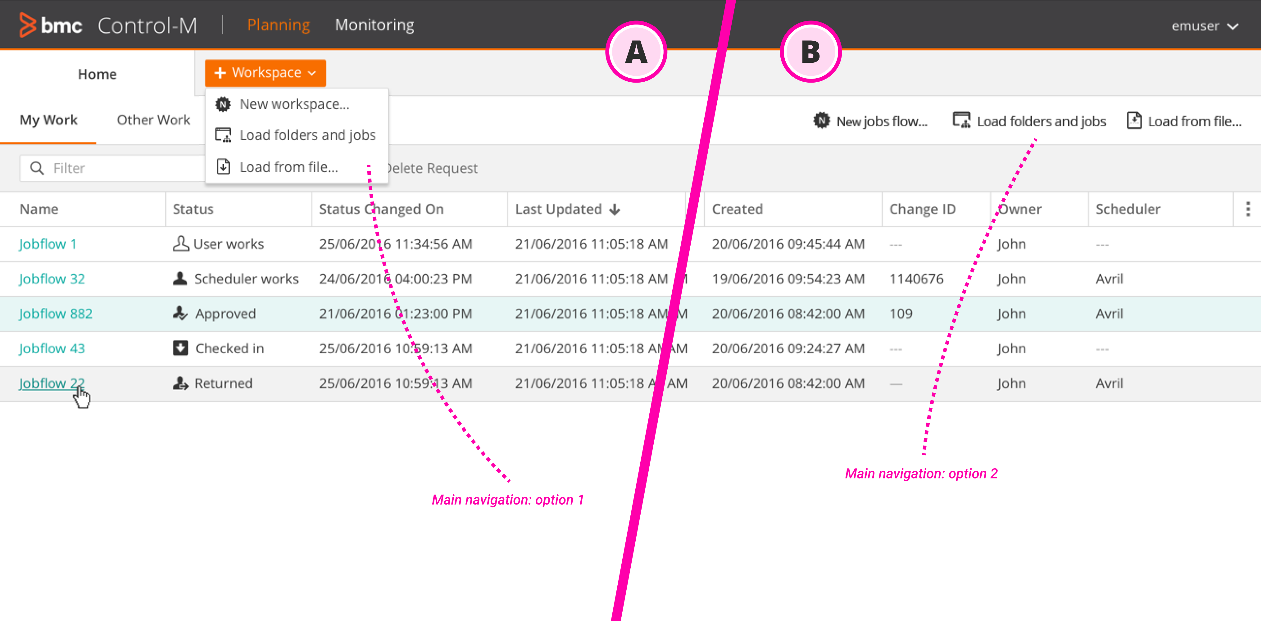 A/B testing of navigation options showing dropdown menu vs toolbar buttons
